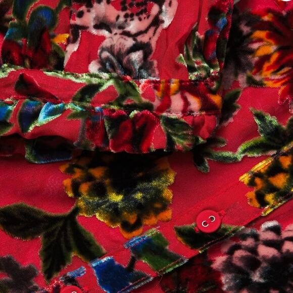 Johnny Was Yoella Floral Velvet Silk Burnout Shirt Red Bobcat Forest XS NWT - Picture 10 of 10